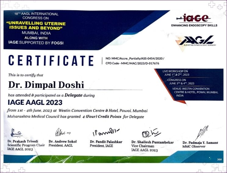 Dr. Dimple Doshi delegate certificate at IAGE AAGL Congress on Unravelling Uterine Issues and Beyond, Mumbai 2023