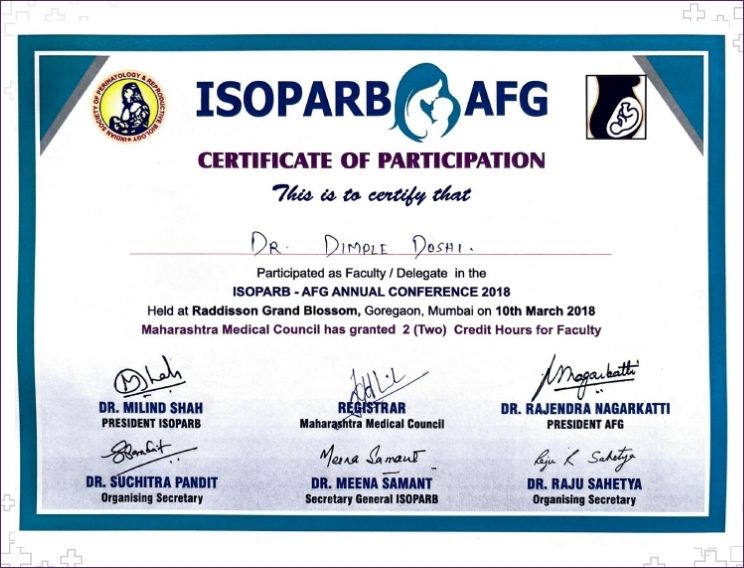 Dr. Dimple Doshi certificate of participation as faculty at ISOPARB AFG Annual Conference Mumbai 2018