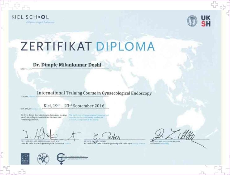 Dr. Dimple Doshi international training diploma in gynaecological endoscopy from Kiel School, Germany, September 2016