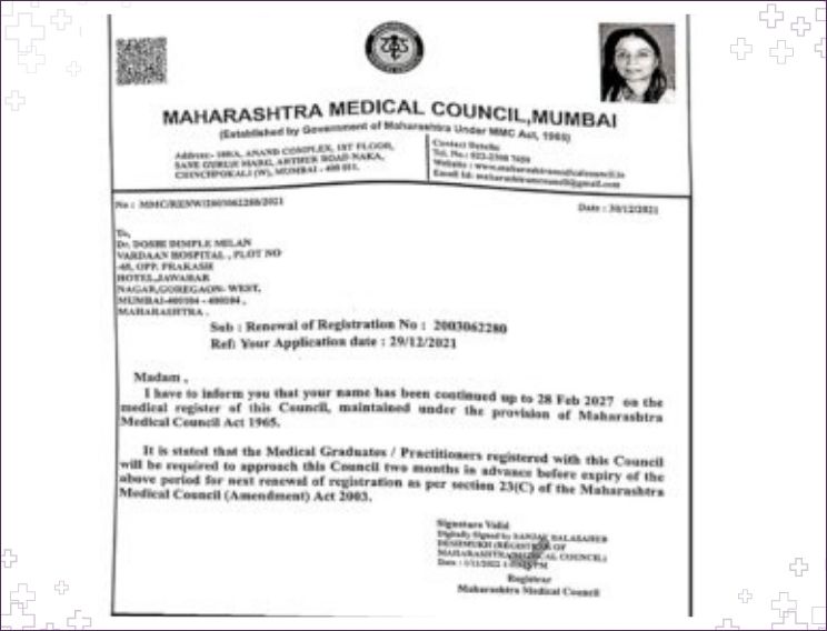 Dr. Dimple Doshi Maharashtra Medical Council registration renewal certificate valid from 2021 to 2027
