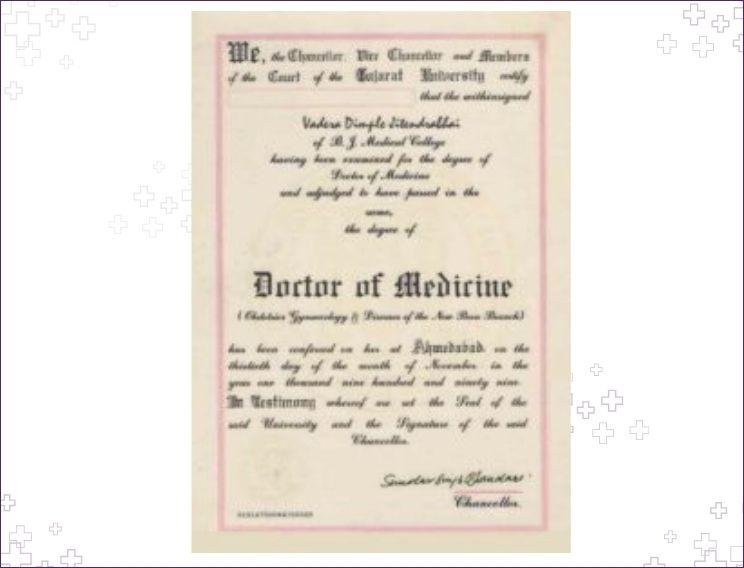 Dr. Dimple Doshi MD degree certificate in Obstetrics and Gynecology awarded by Gujarat University in 1999