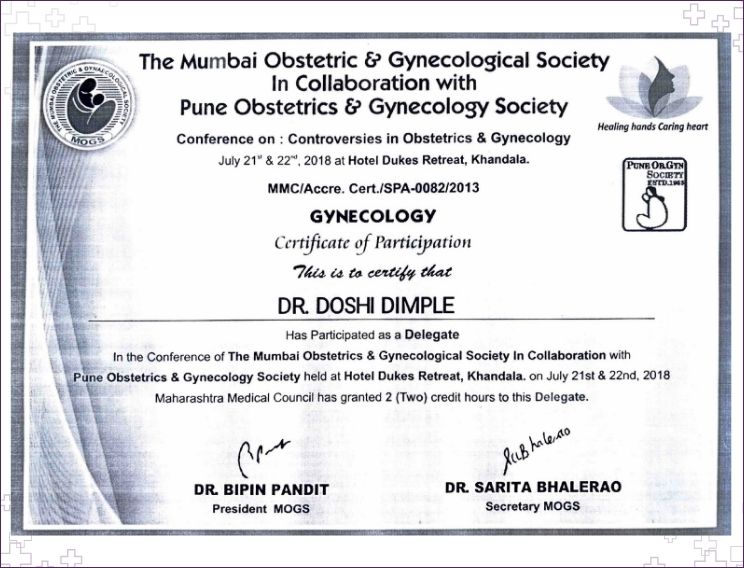 Dr. Dimple Doshi certificate of participation as delegate at MOGS and POGS Conference on Controversies in Obstetrics and Gynecology, Khandala 2018